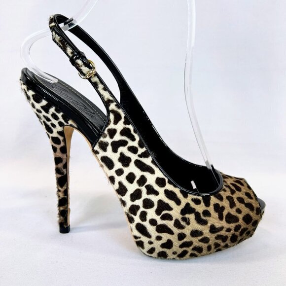 GUCCI Sofia Platform Calf Hair Leopard Print Open Toe Slingback Pumps $850 - Picture 1 of 13